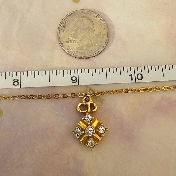 Christian Dior Vintage Gold and Rhinestone "CD" Pendant Necklace - Picture 8 of 14